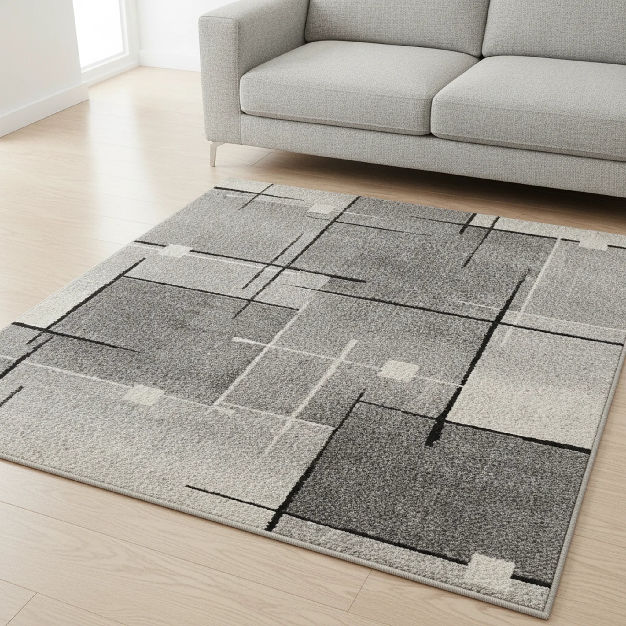Modern Geometrisch Laagpolig Vloerkleed – Grijs, Zwart & Cream Stijlvolle Blikvanger - Sfeerbeeld