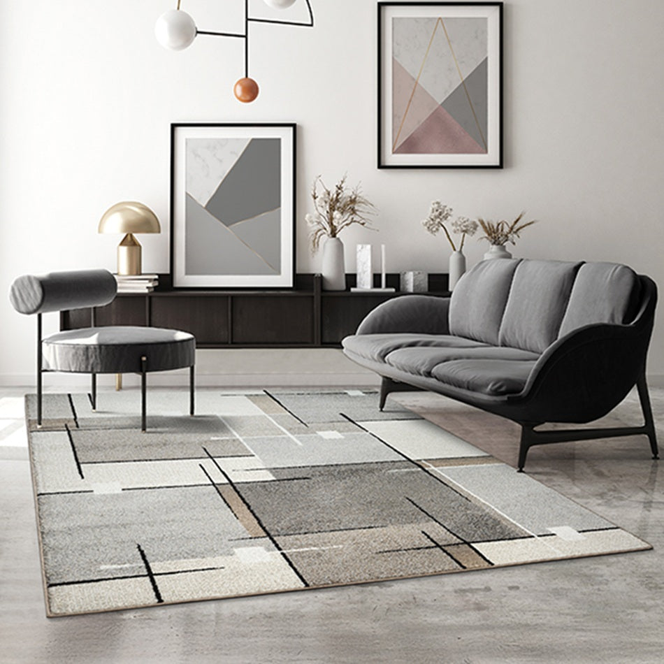 Modern Geometrisch Laagpolig Vloerkleed – Grijs, Zwart & Beige Stijlvolle Blikvanger — sfeerbeeld in interieur