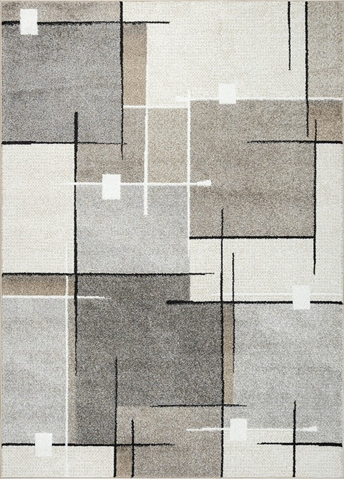Modern Geometrisch Laagpolig Vloerkleed – Grijs, Zwart & Beige Stijlvolle Blikvanger — hoek