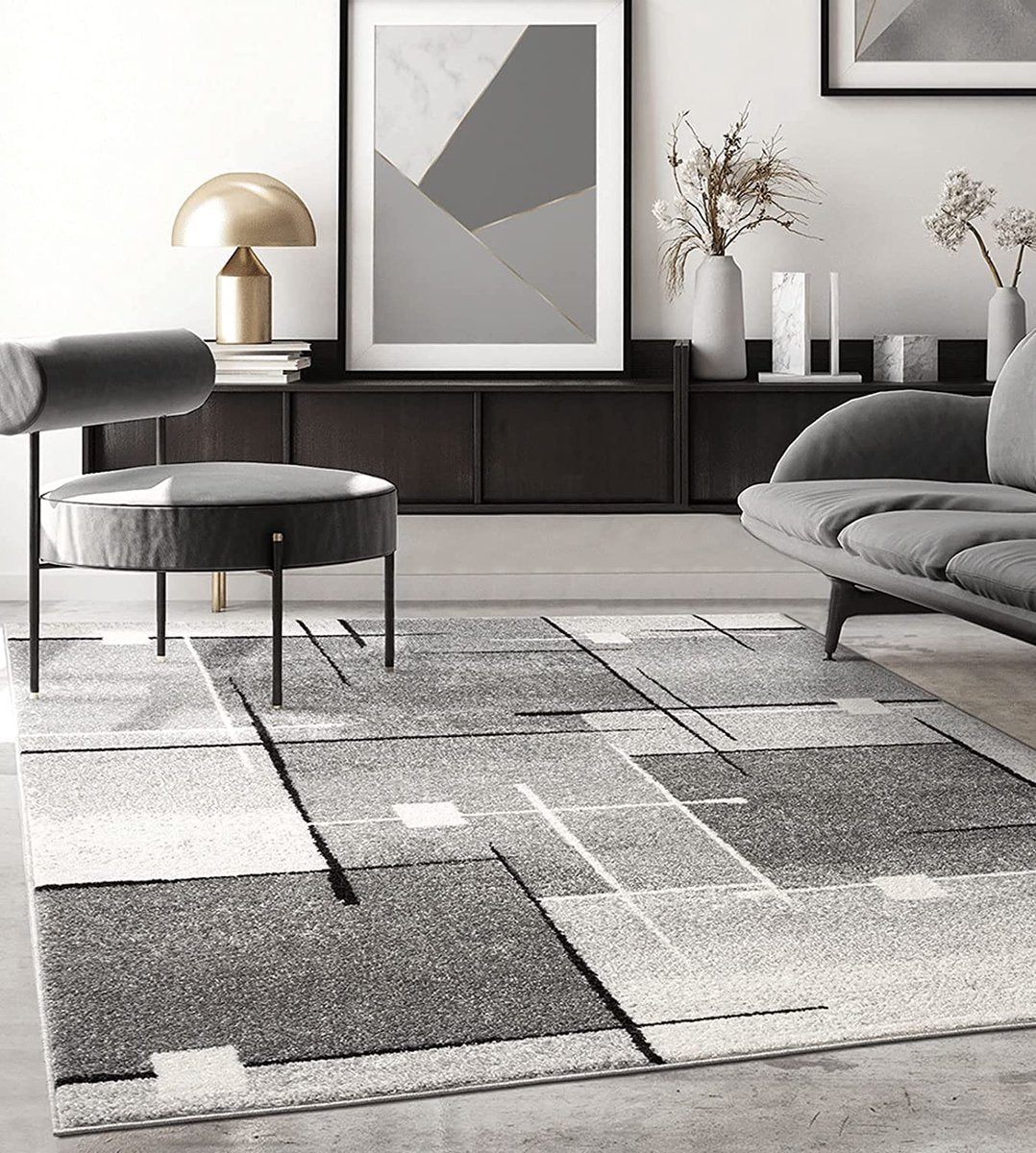 Modern Geometrisch Laagpolig Vloerkleed – Grijs, Zwart & Cream Stijlvolle Blikvanger - Vooraanzicht