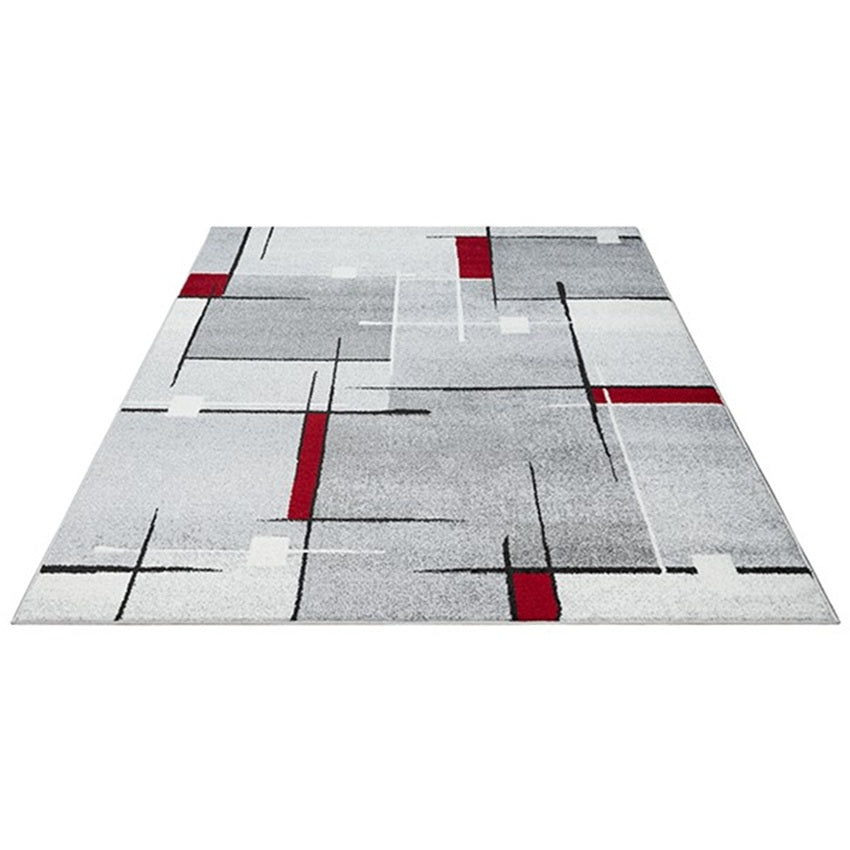 Modern Geometrisch Laagpolig Vloerkleed – Grijs, Zwart & Rood Stijlvolle Blikvanger - Vooraanzicht