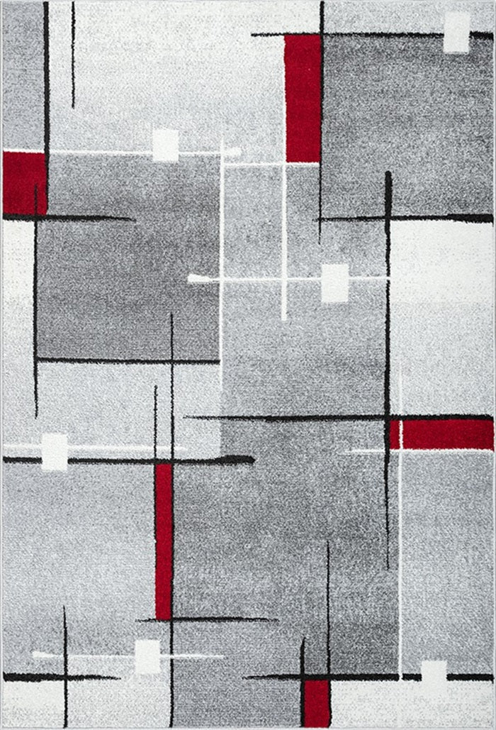 Modern Geometrisch Laagpolig Vloerkleed – Grijs, Zwart & Rood Stijlvolle Blikvanger — sfeerbeeld in interieur
