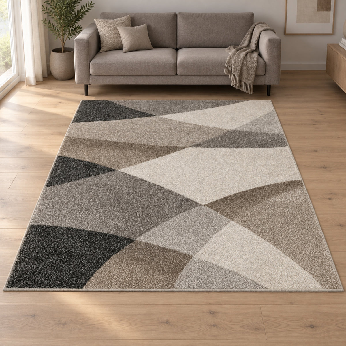 Modern Geometrisch Laagpolig Vloerkleed – Stijlvol Design in Neutrale Aardetinten – sfeerimpressie in de woonkamer