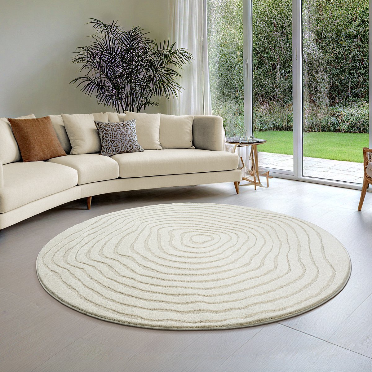 Rond Vloerkleed Elio – Japandi, Laagpolig met 3D-Effect in Crème — hoek