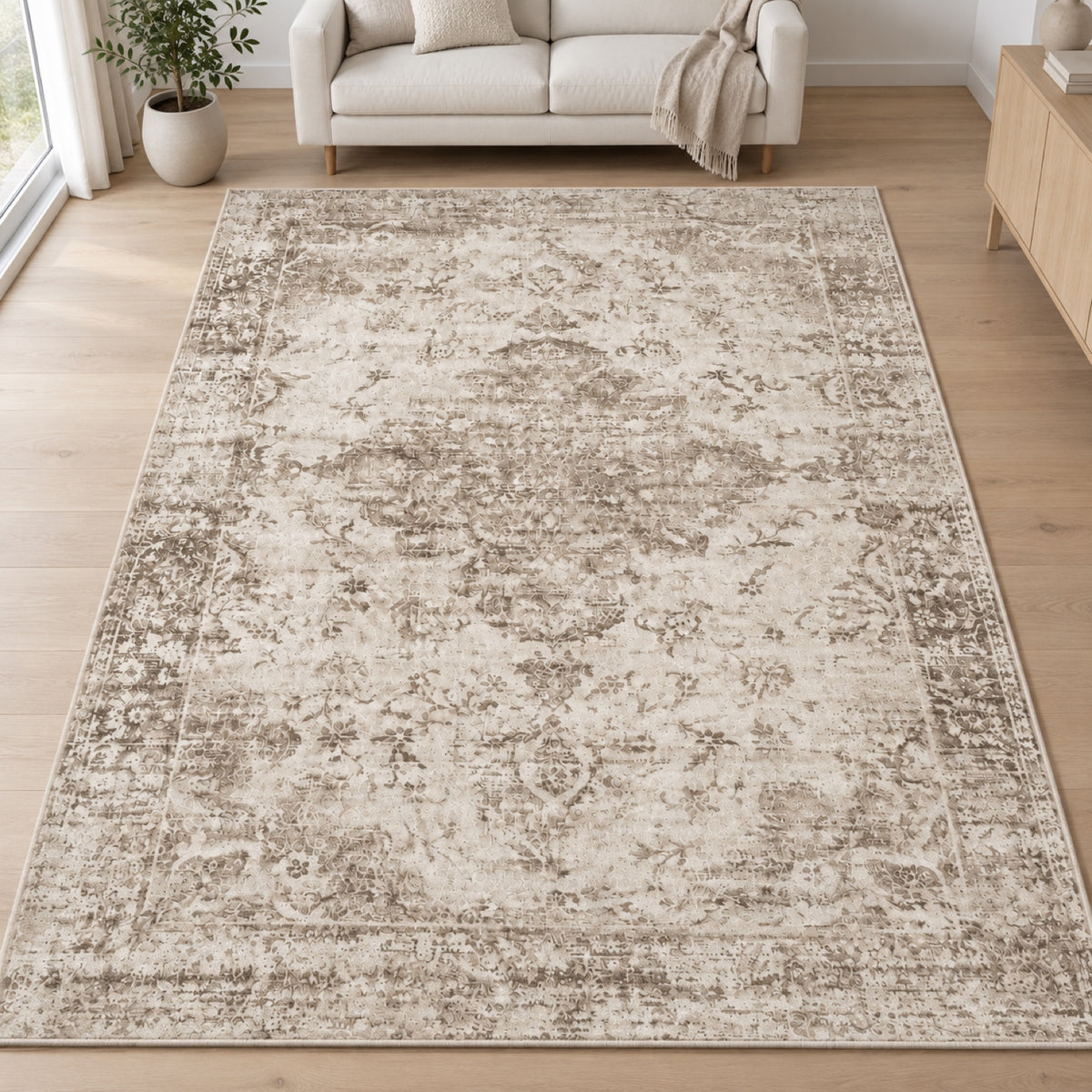 Vloerkleed Aria 3200 Beige – Laagpolig met Vilten Rugzijde – sfeerimpressie in de woonkamer
