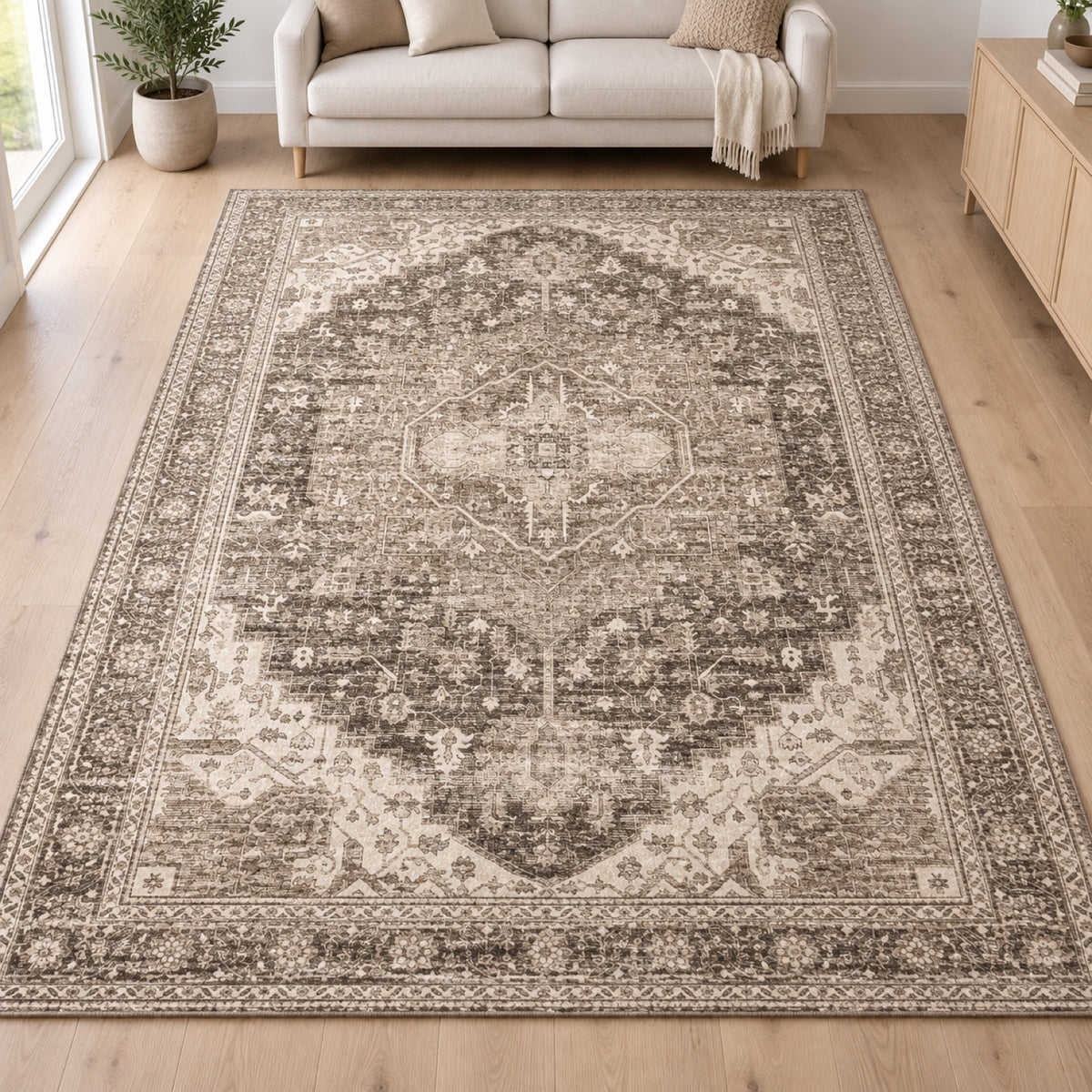 Vloerkleed Aria 3202 Beige – Licht Kleed van 100% Polyester – sfeerimpressie in de woonkamer
