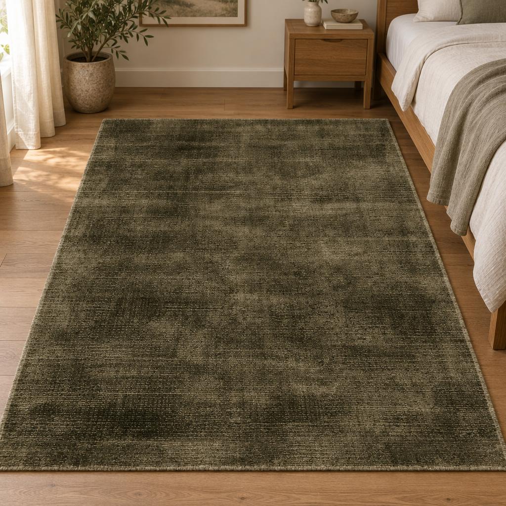 Vloerkleed Arte Groen in donker olijfgroen naast een eiken bed – sfeerimpressie in de slaapkamer