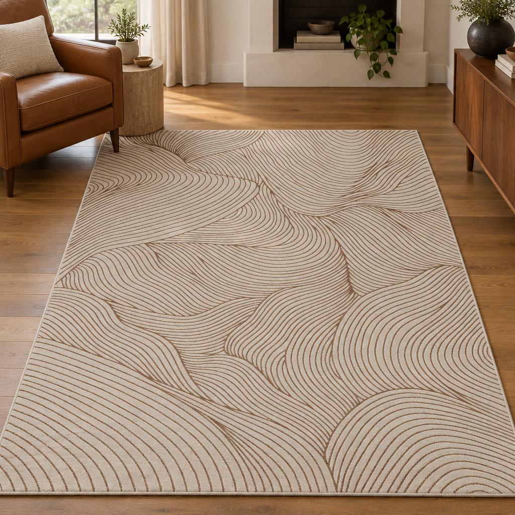 Vloerkleed Creation Beige met golvende lijnen – sfeerimpressie in de woonkamer