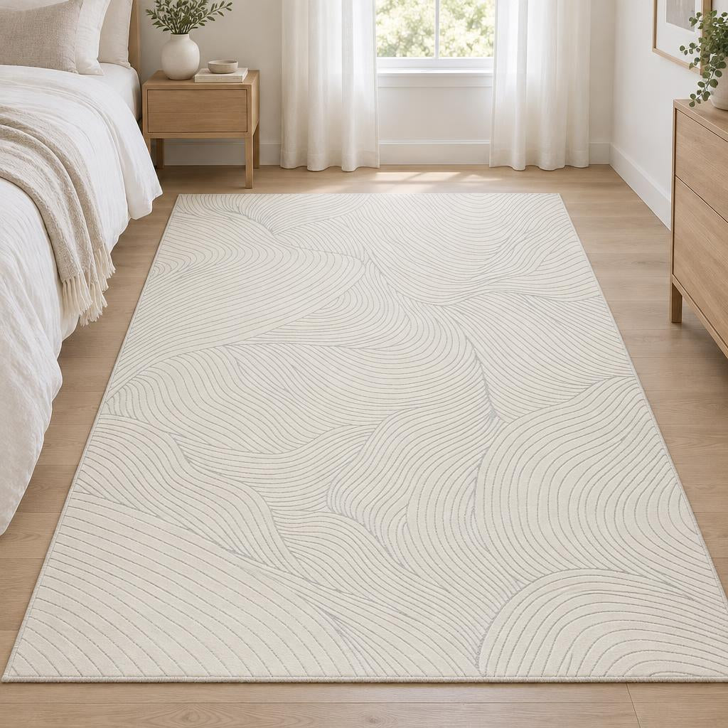 Vloerkleed Creation Crème open dessin met zilvergrijze golflijnen – sfeerimpressie in de slaapkamer