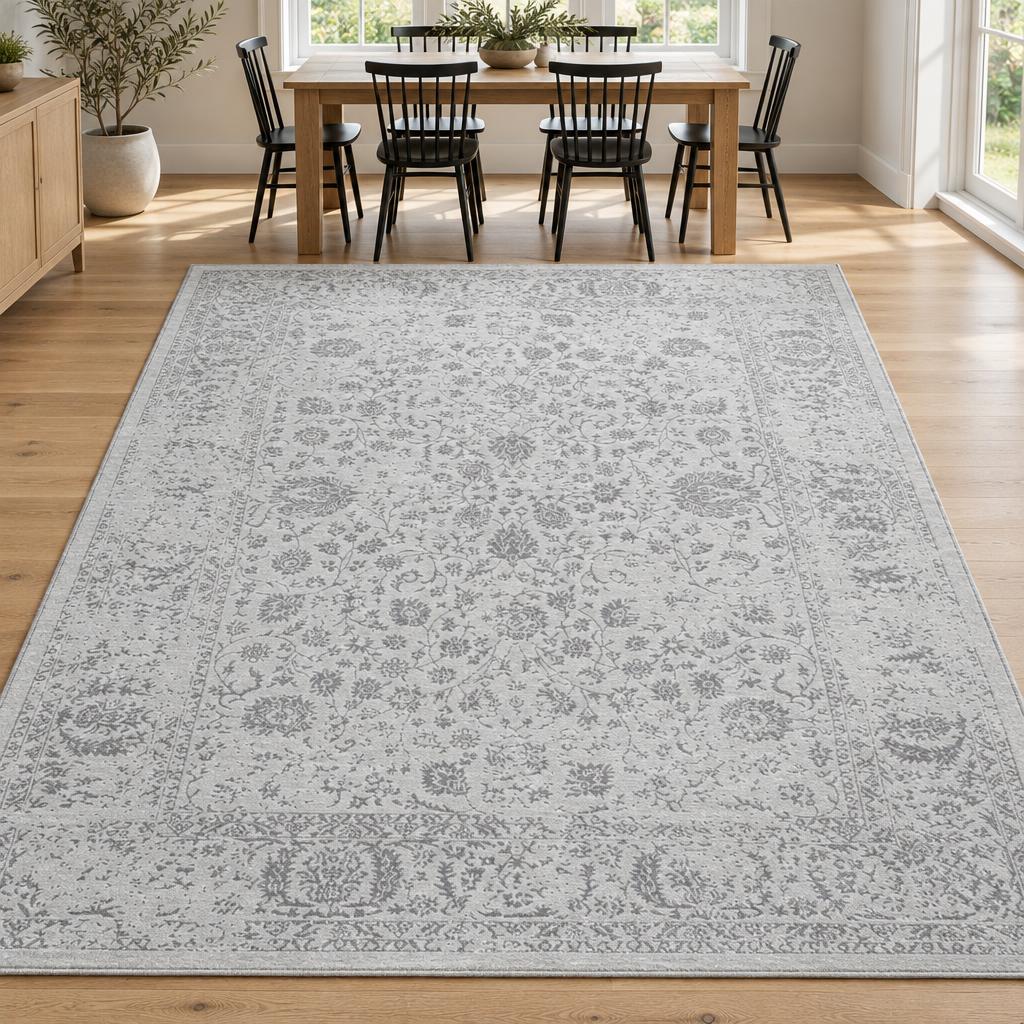 Vloerkleed Creation Grijs met vintage oosters dessin – sfeerimpressie in de eetkamer