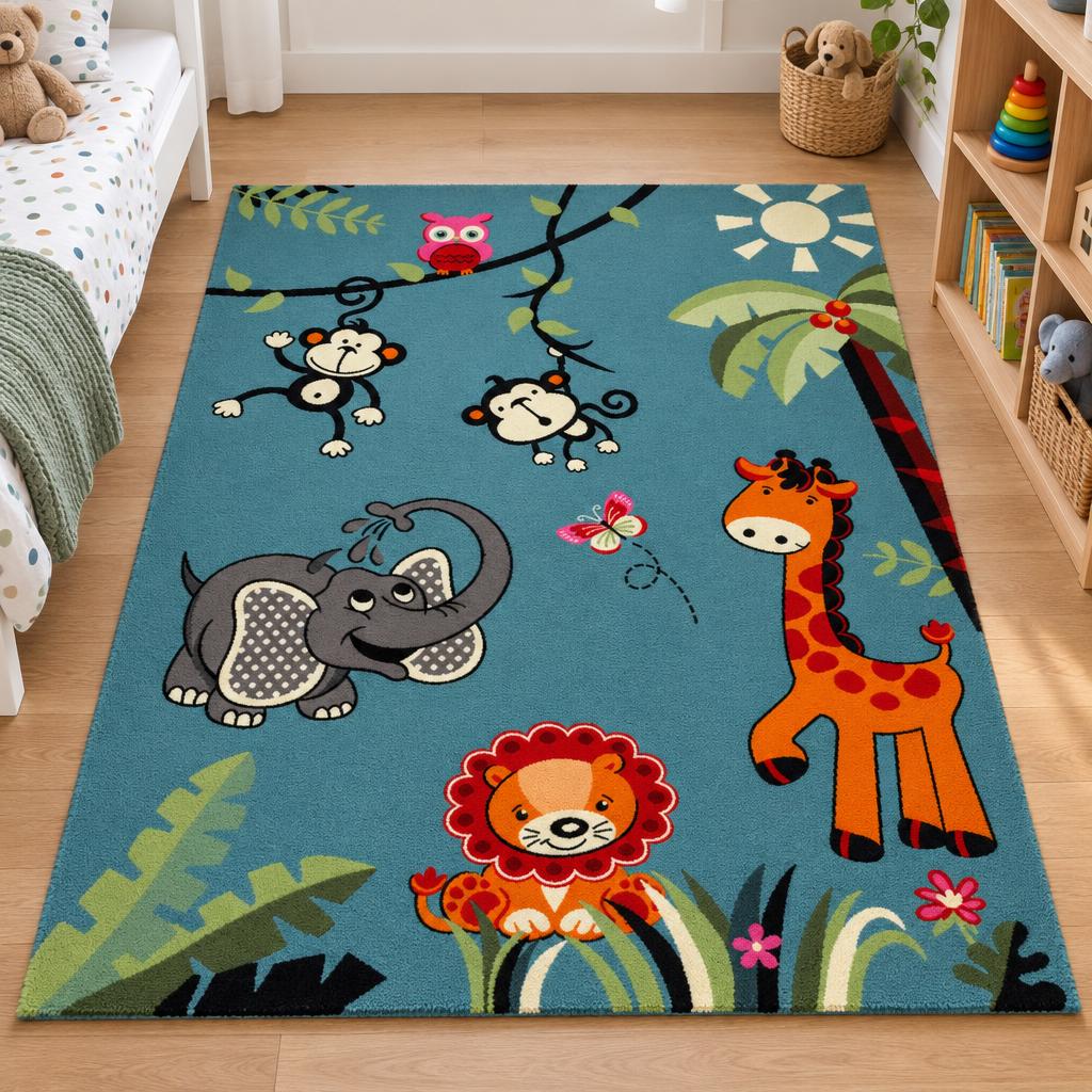 Kindervloerkleed Diamond Kids Blauw met olifant, giraffe, leeuw en aapjes in de jungle naast een wit bed – sfeerimpressie in de kinderkamer