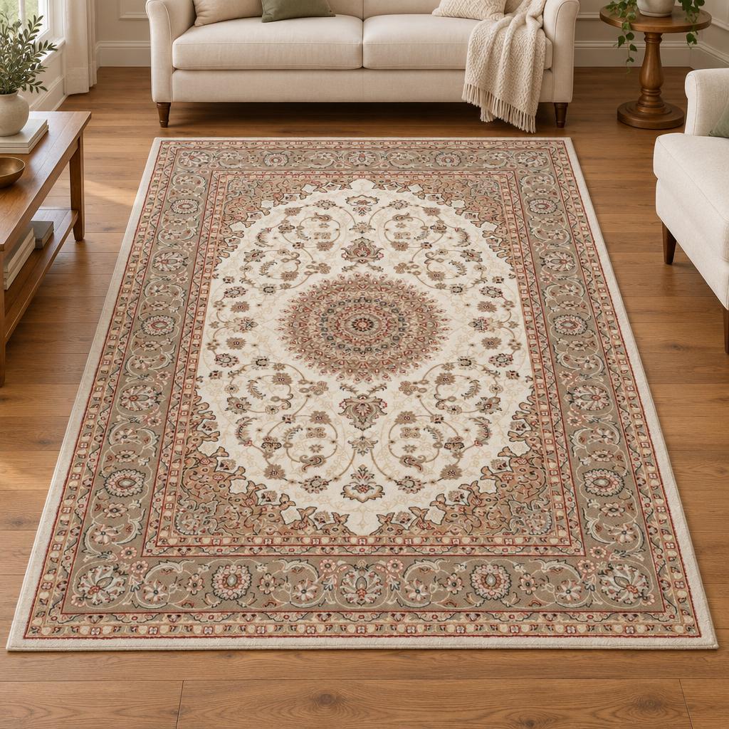 Klassiek vloerkleed Dubai Deluxe 56253 Crème met medaillon en taupe bloemenrand voor een crèmekleurige bank – sfeerimpressie in de woonkamer