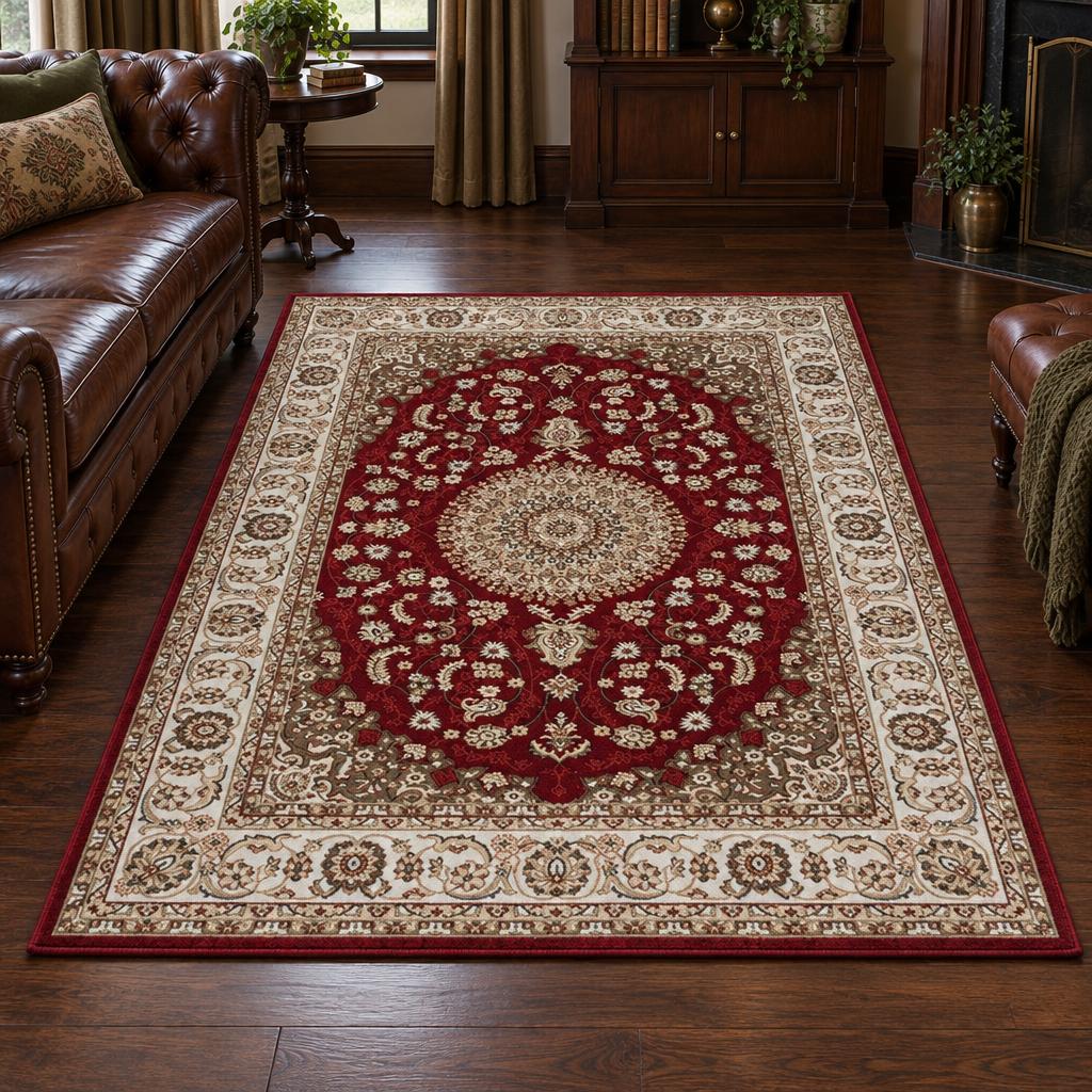 Klassiek vloerkleed Dubai Deluxe 56253 Rood met beige medaillon en brede crème rand voor een leren chesterfield – sfeerimpressie in de woonkamer