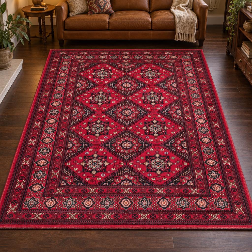 Vloerkleed Dubai Deluxe 56286 Rood met oosterse ruitmedaillons voor een leren bank – sfeerimpressie in de woonkamer