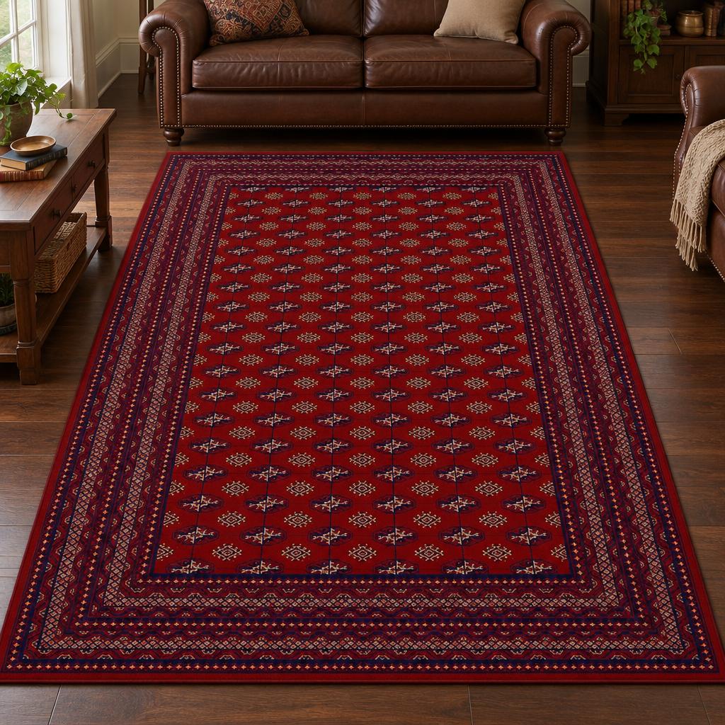 Vloerkleed Dubai Deluxe Bordeaux Rood met oosters Bokhara-motief voor een bruine leren bank – sfeerimpressie in de woonkamer
