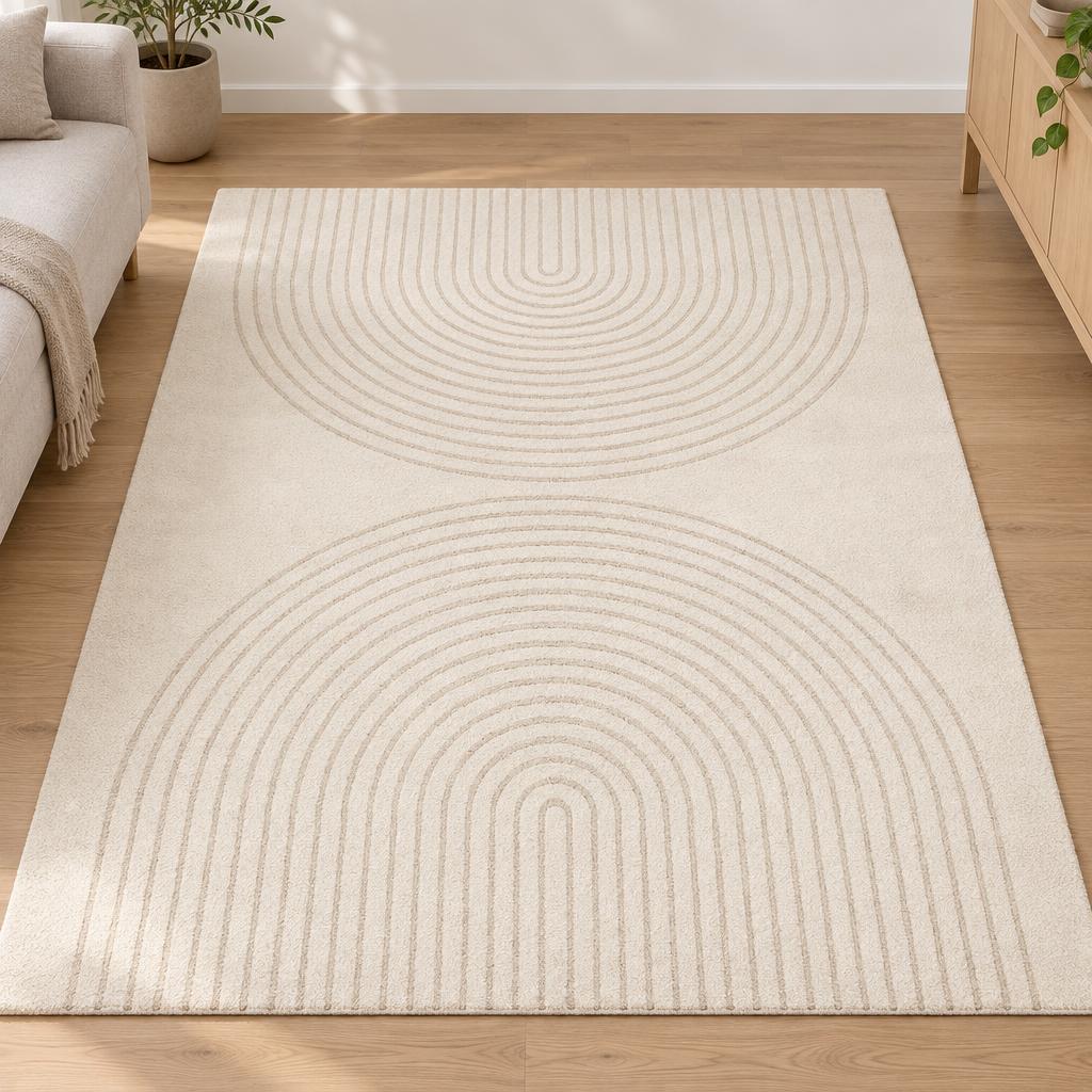 Vloerkleed Eclipse 2320 Crème met twee gespiegelde bogen in reliëf – sfeerimpressie in de woonkamer