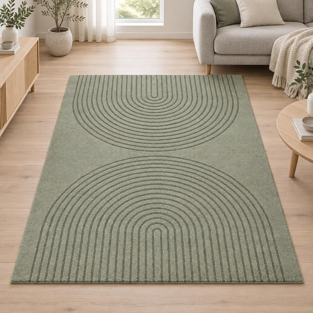 Vloerkleed Eclipse 2320 Groen met cirkelmotief – sfeerimpressie in de woonkamer
