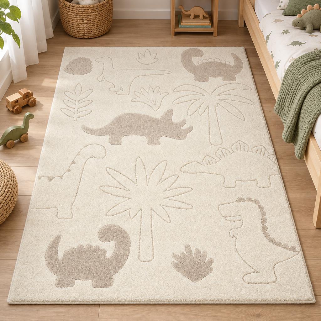 Kindervloerkleed Eclipse Kids 2326 Crème met dinosaurussen en palmbomen in reliëf naast een houten bed – sfeerimpressie in de kinderkamer
