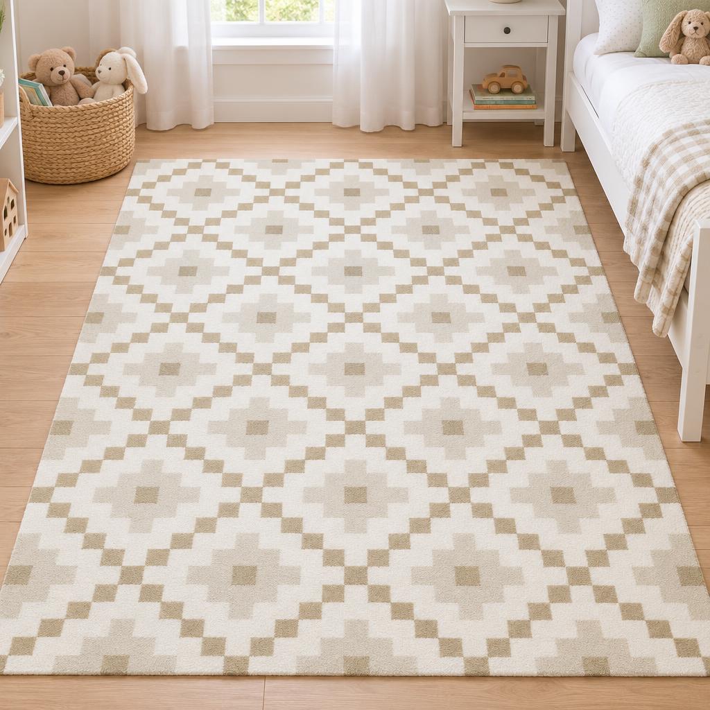 Kindervloerkleed Eclipse Kids 2476 Crème met getrapt ruitmotief – sfeerimpressie in de kinderkamer