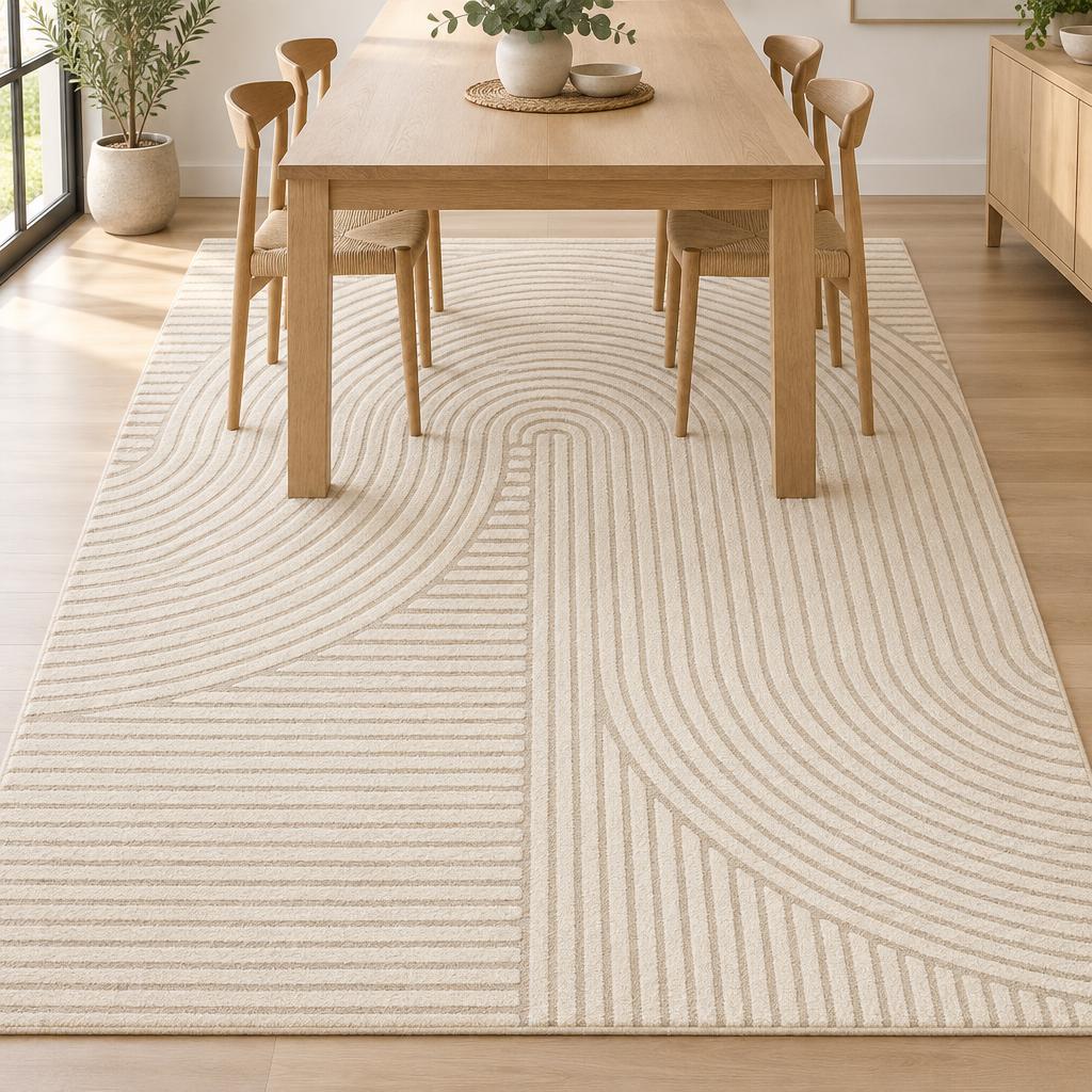 Vloerkleed Elio 2251 Beige met boog- en lijnenreliëf onder een eiken eettafel – sfeerimpressie in de eetkamer