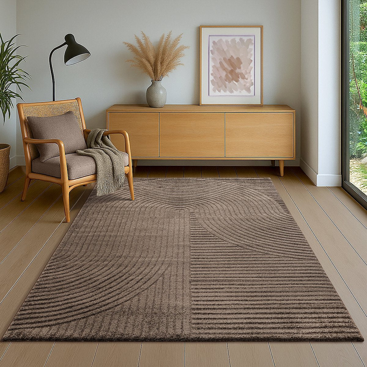 Vloerkleed Elio Japandi – Modern Design met Halve Cirkels in Bruin - Vooraanzicht