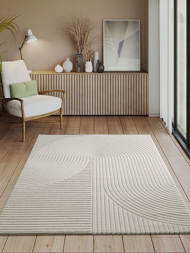 Vloerkleed Elio Japandi – Modern Design met Halve Cirkels in Crème - Vooraanzicht