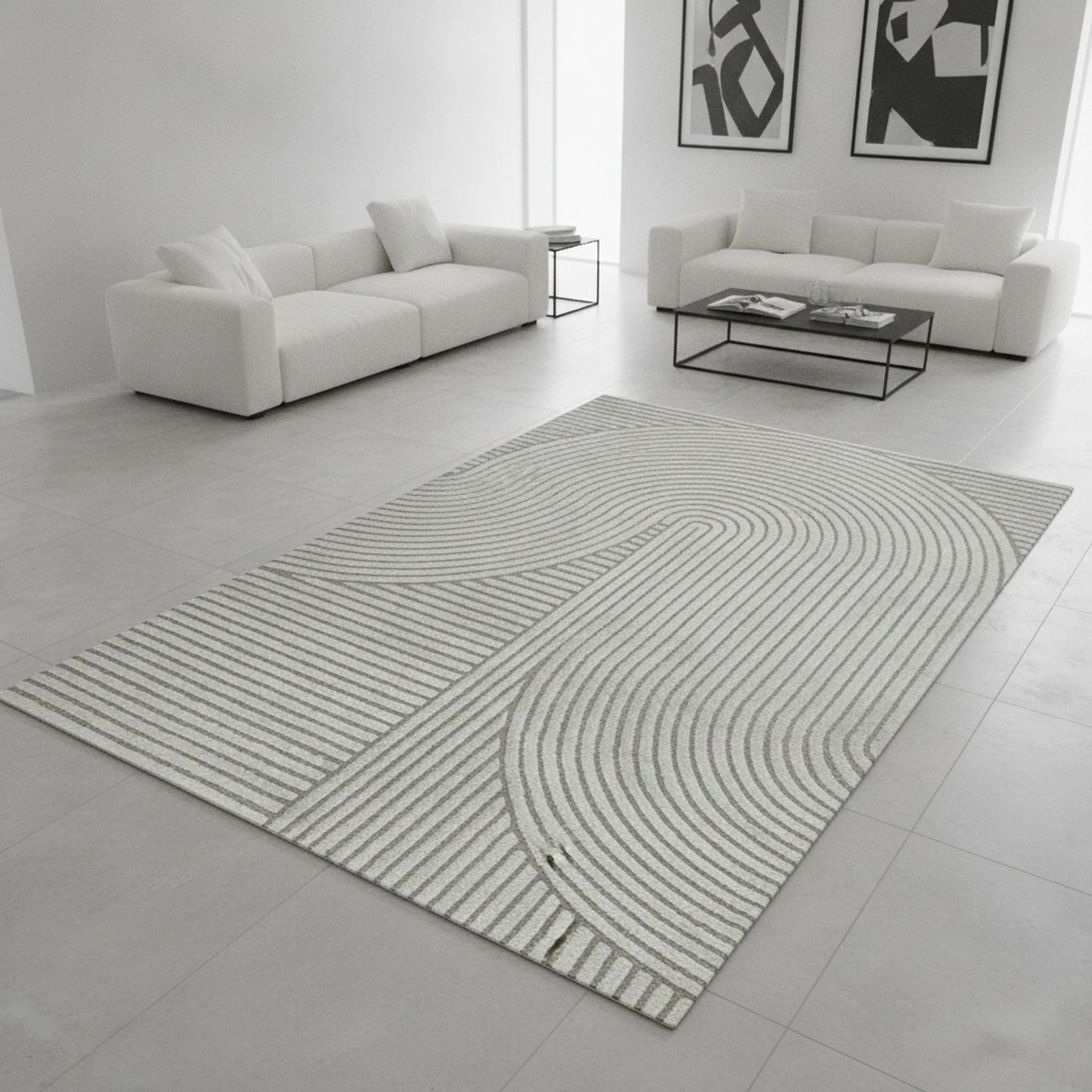 Vloerkleed Elio Japandi – Modern Design met Halve Cirkels in Grijs - Sfeerbeeld
