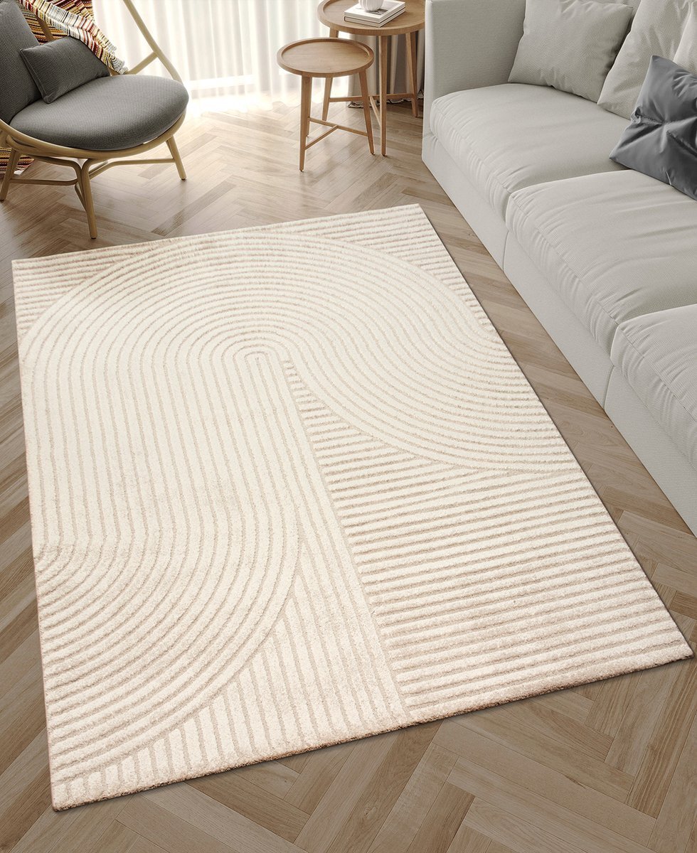 Vloerkleed Elio – Japandi Stijl met Moderne Lijnen in Beigekleurige Neutrale Tinten — hoek
