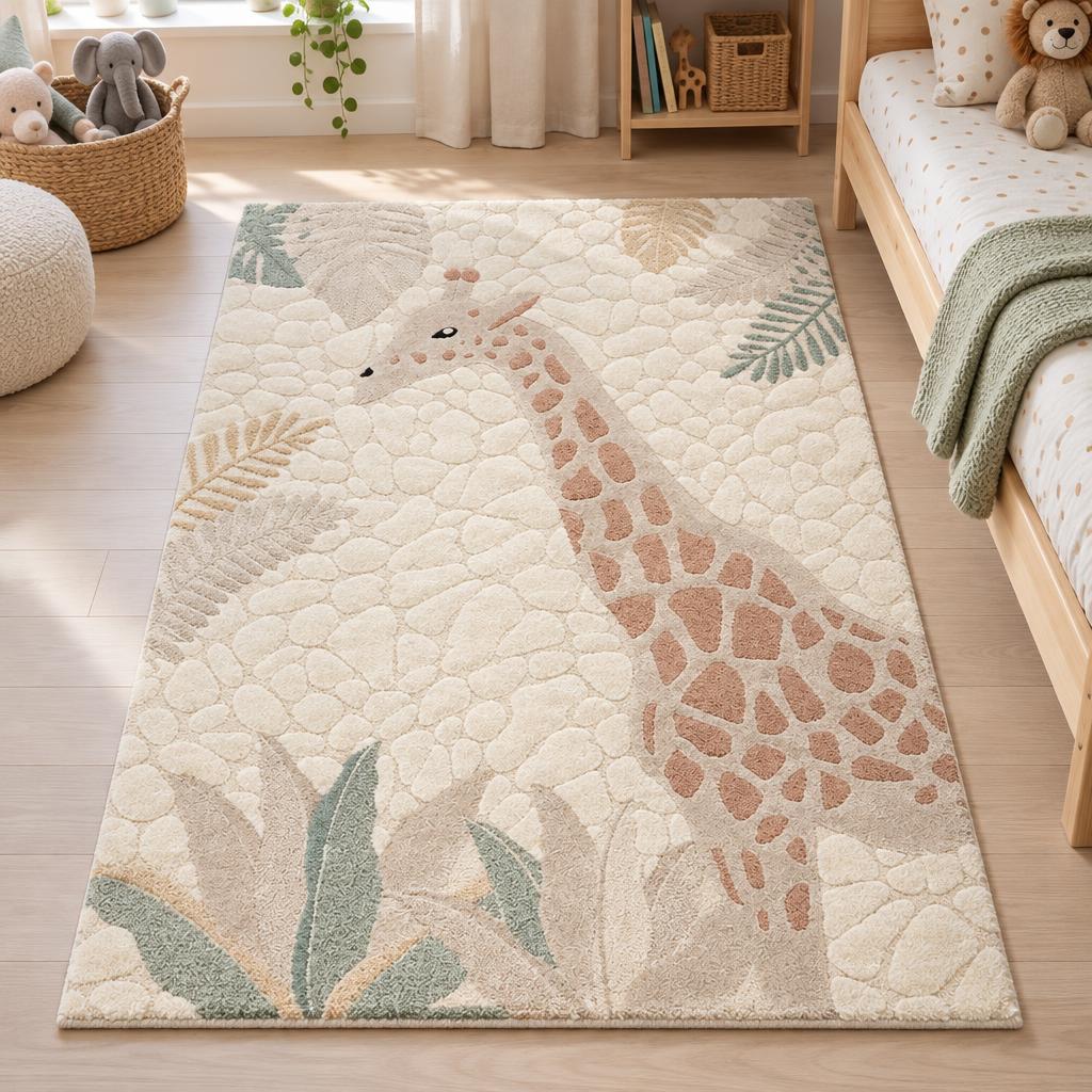 Vloerkleed Elio Kids Crème met giraffe en palmbladeren in reliëf naast een houten bed – sfeerimpressie in de kinderkamer