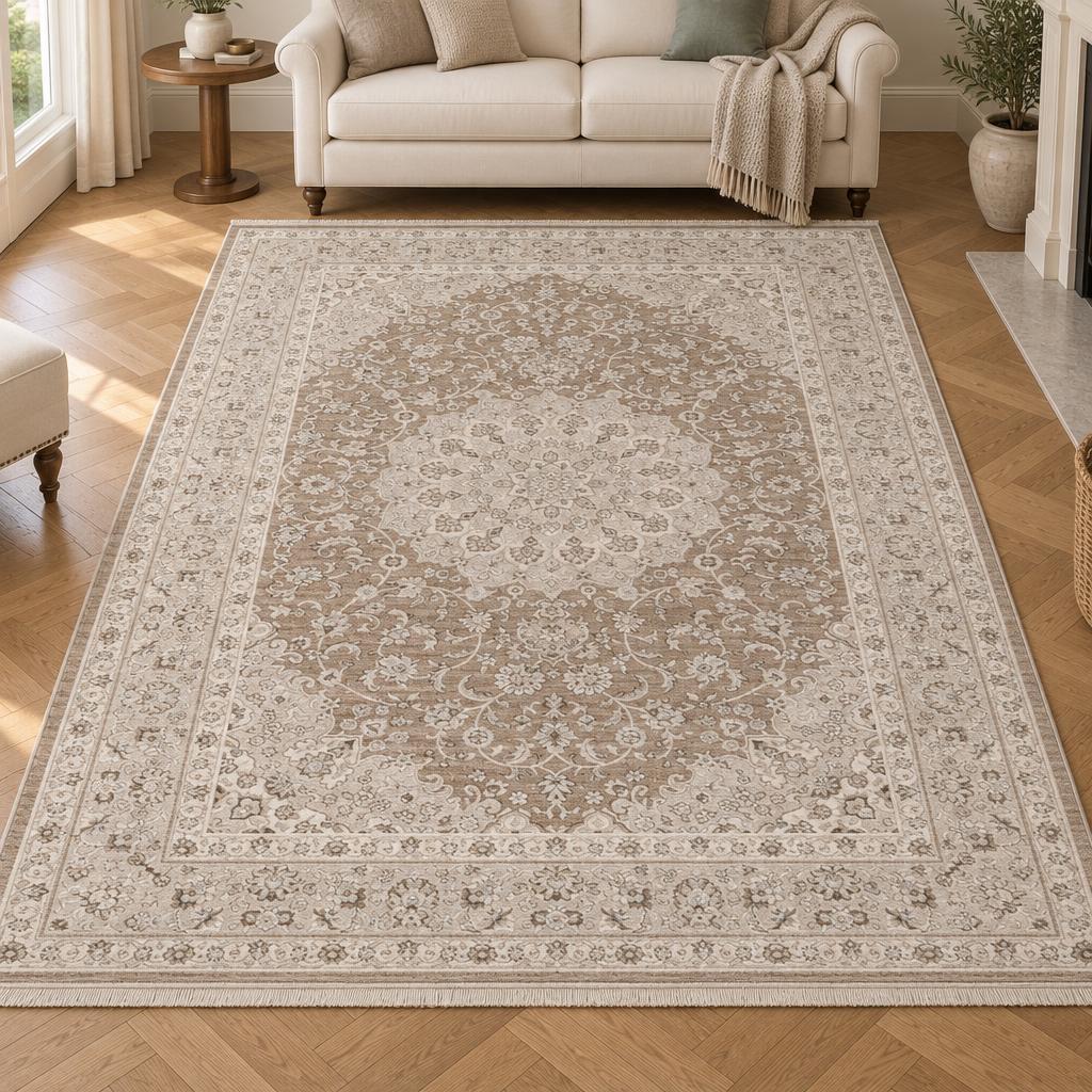 Vloerkleed Flowline 52086 Bruin met klassiek medaillon en crèmekleurige bloemenrand voor een crème bank – sfeerimpressie in de woonkamer