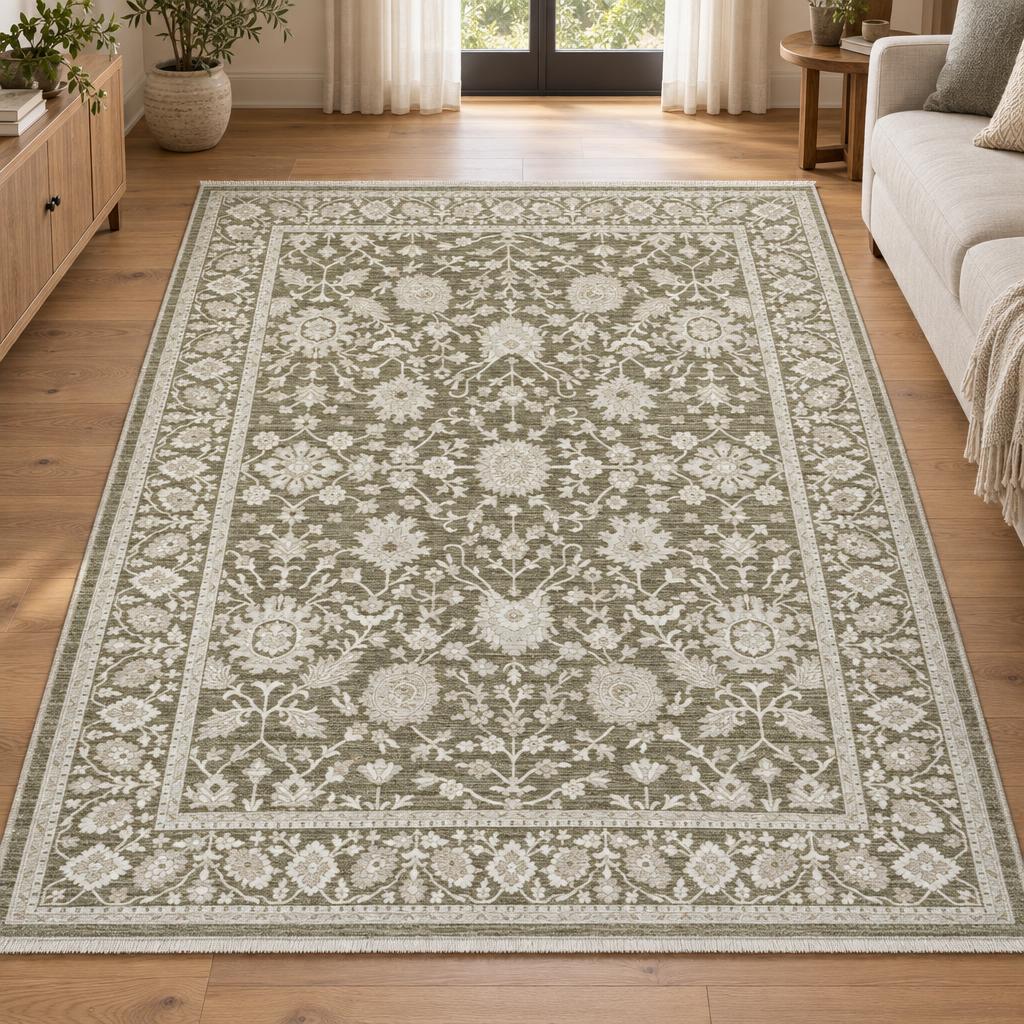 Vloerkleed Flowline 52103 Groen met klassiek bloemmotief – sfeerimpressie in de woonkamer