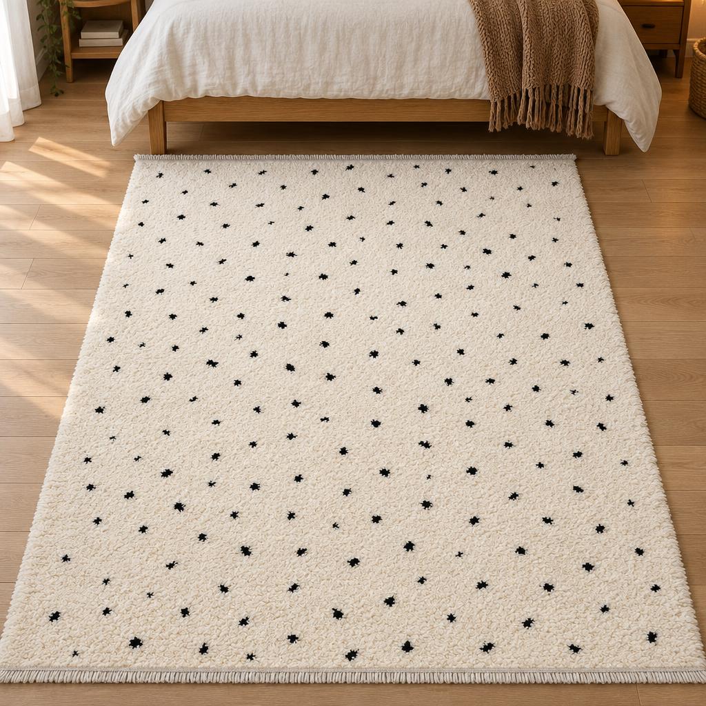 Hoogpolig vloerkleed Ideal Shaggy 80406 Crème met zwarte stipjes en korte franjes aan het voeteneind van het bed – sfeerimpressie in de slaapkamer