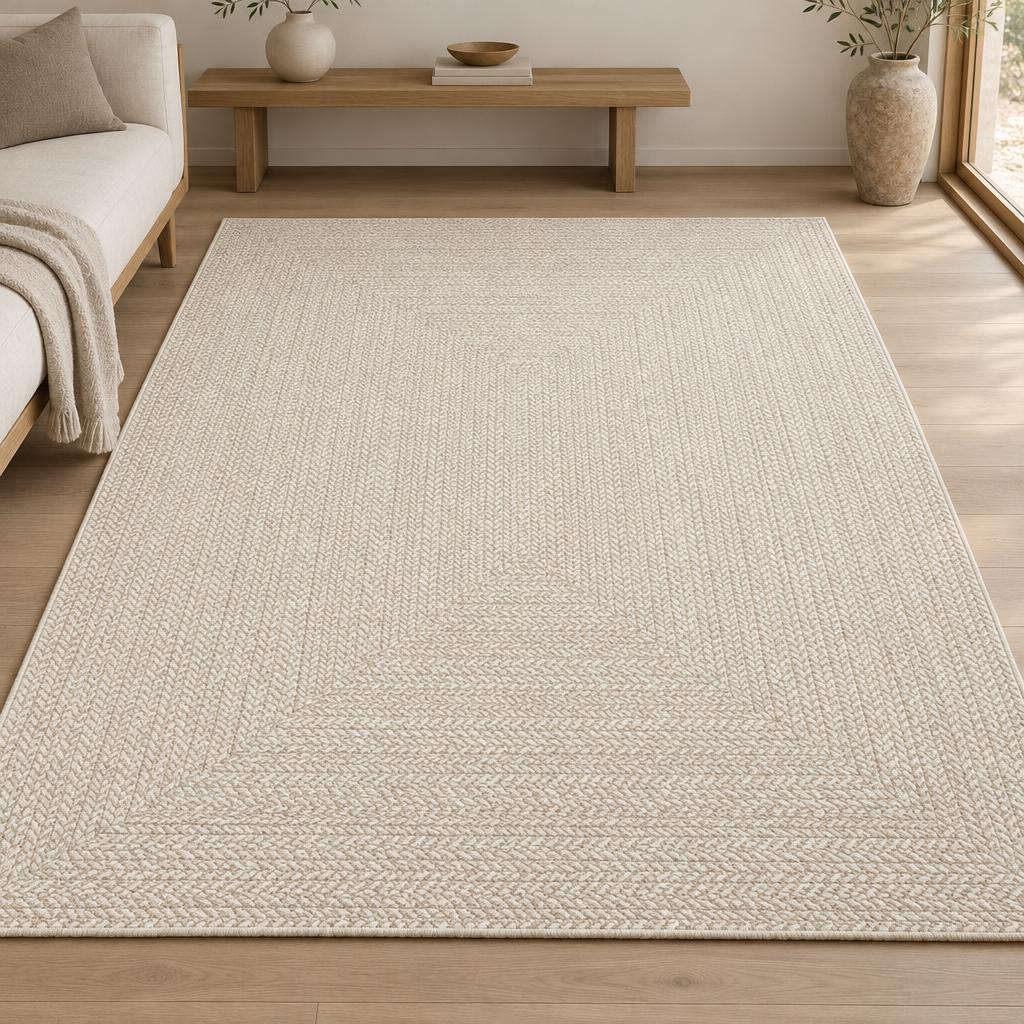 Vloerkleed Kenzy 5001 Crème met gevlochten structuur in rechthoekige banen, voor een lage eikenhouten bank – sfeerimpressie in de woonkamer