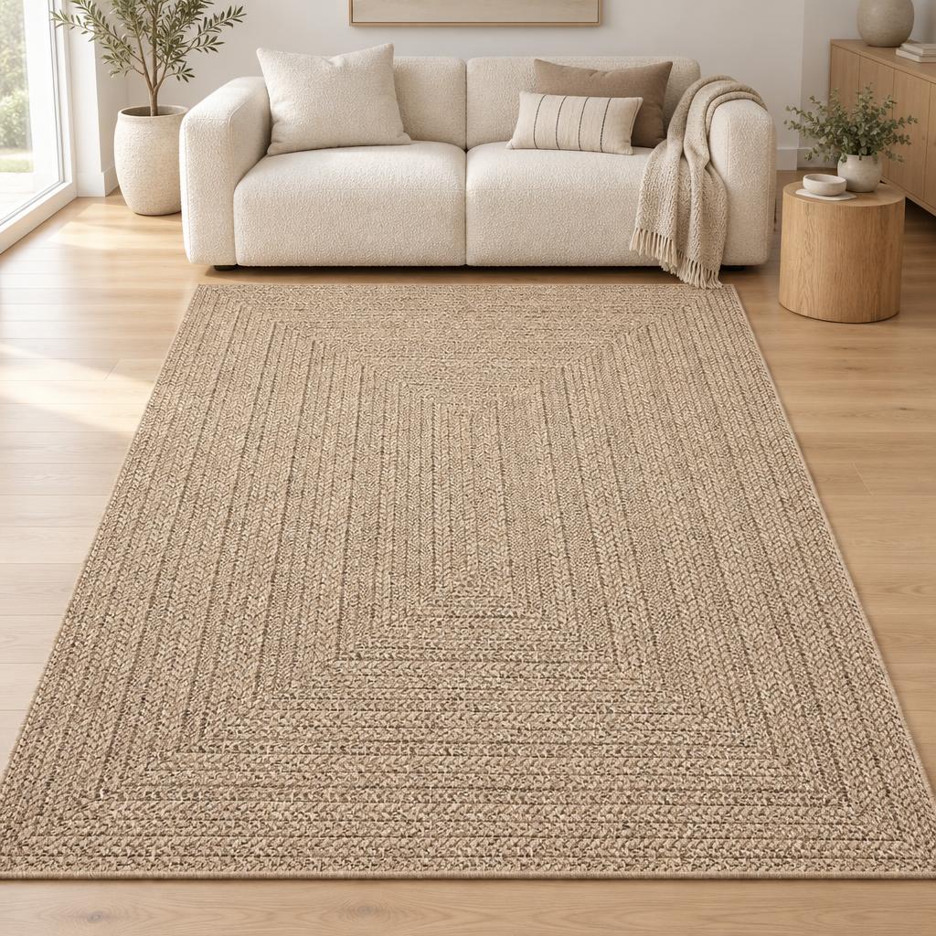 Vloerkleed Kenzy 5001 Naturel met vlechtpatroon – sfeerimpressie in de woonkamer