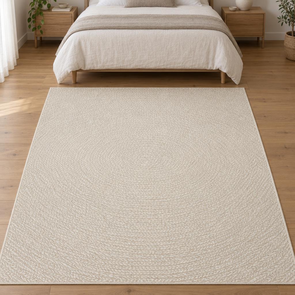 Vloerkleed Kenzy 5004 Crème met subtiel cirkelpatroon aan het voeteneind van het bed – sfeerimpressie in de slaapkamer