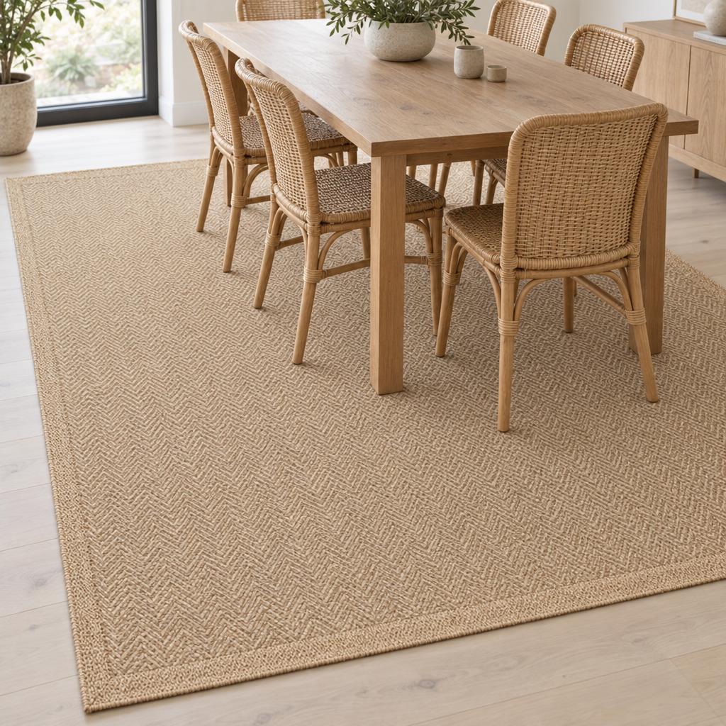 Vloerkleed Kenzy 5007 Naturel met visgraatweving en effen rand onder een houten eettafel met rotan stoelen