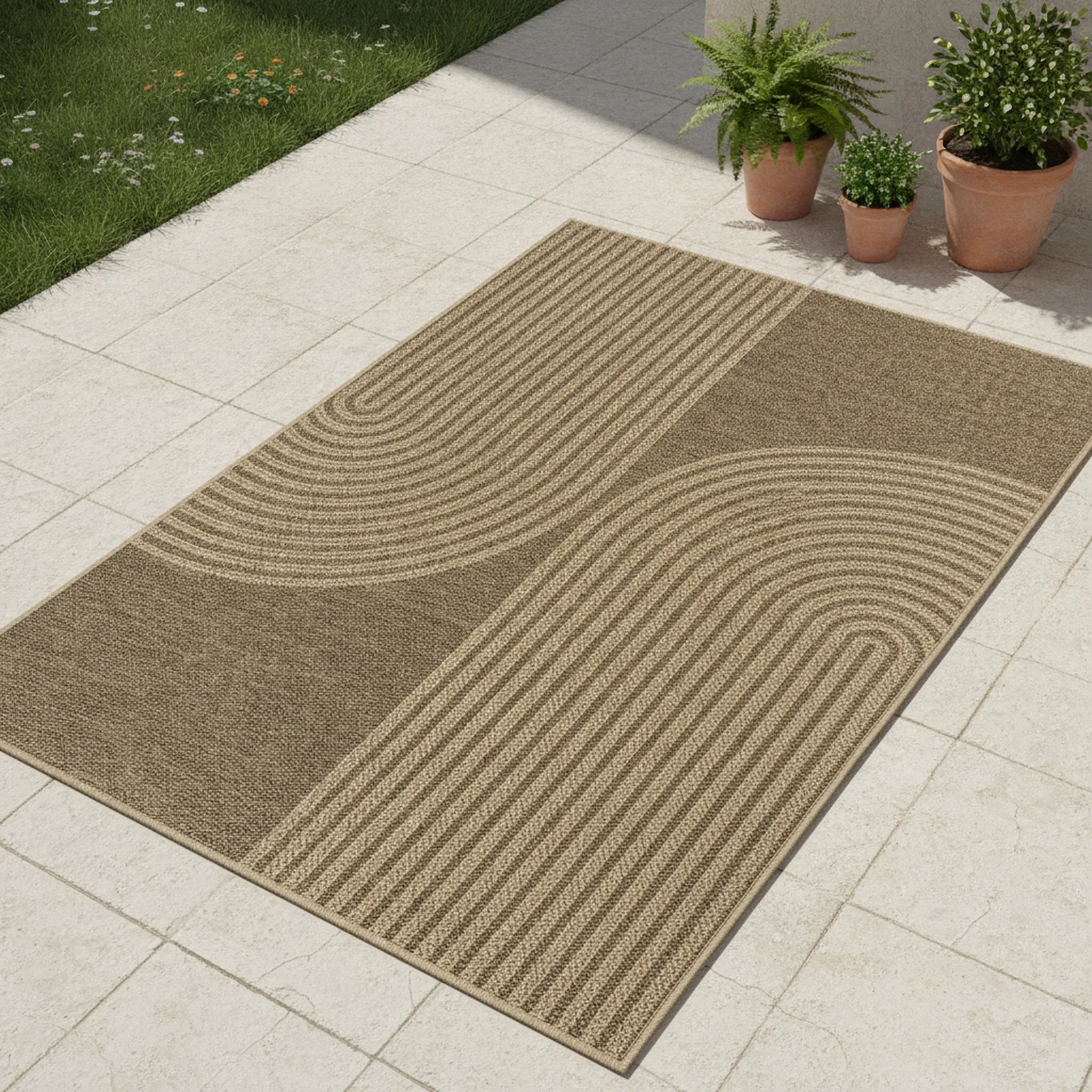 Vloerkleed Kenzy – Geschikt voor Binnen en Buiten – Natuurlijk Lijnpatroon – Beige Bruin - Sfeerbeeld