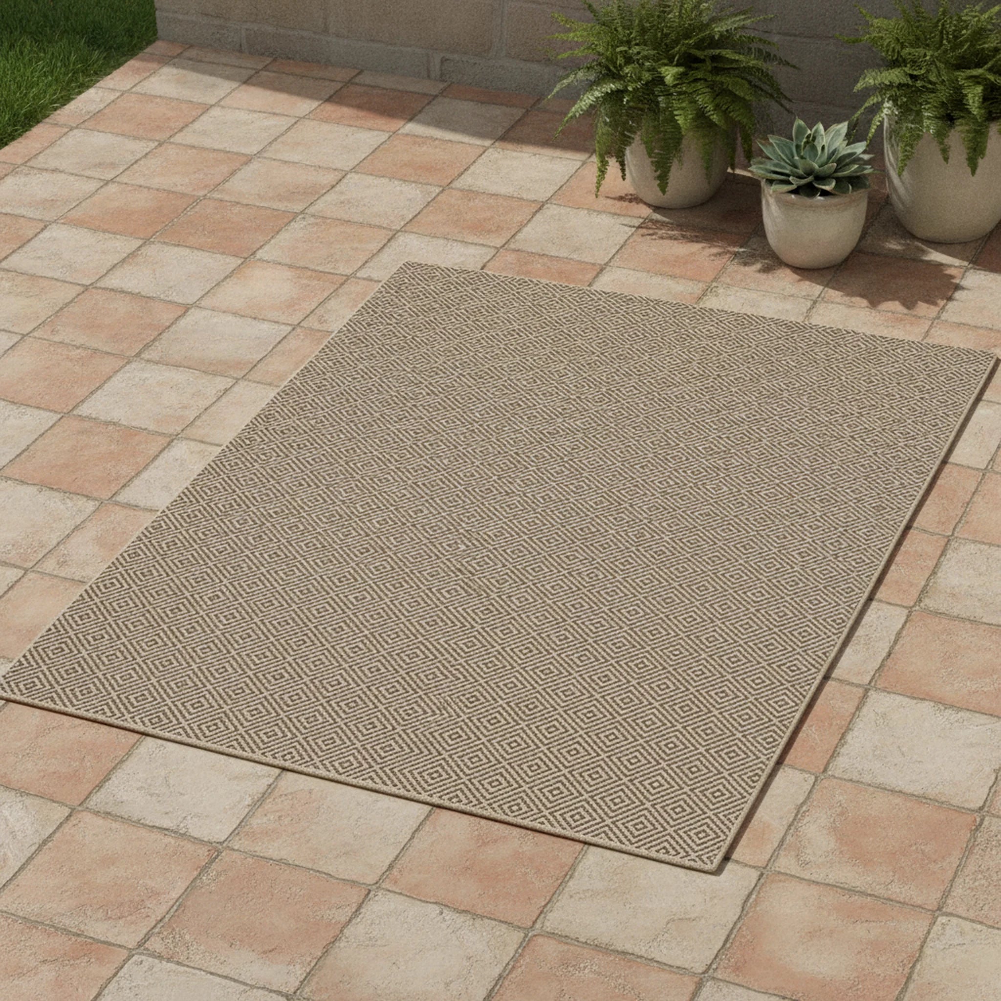 Vloerkleed Kenzy – Geschikt voor Binnen en Buiten – Natuurlijk Ruitmotief – Beige Bruin - Sfeerbeeld