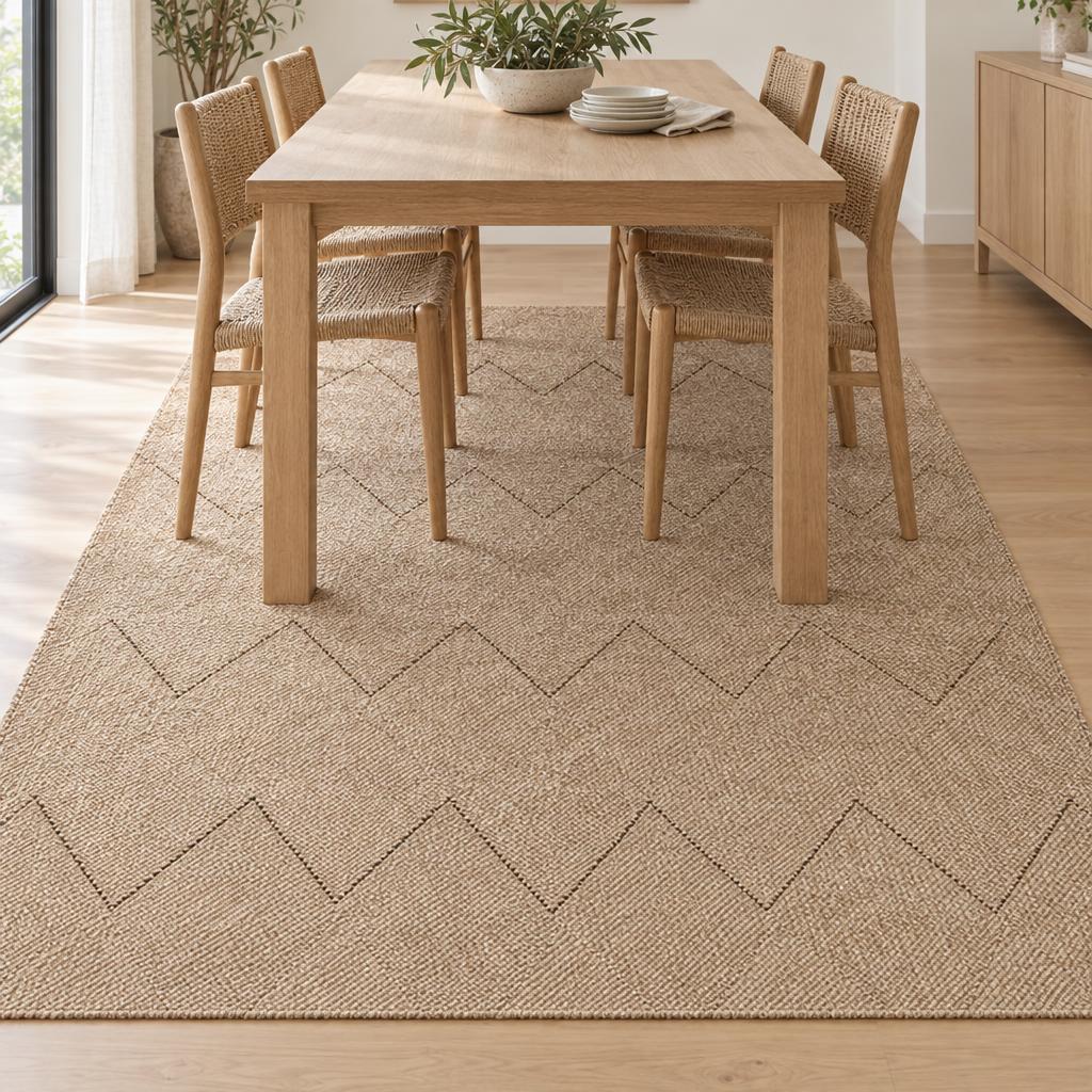 Vloerkleed Kos 7214 Naturel met zigzaglijnen in de weving onder een lichte eettafel met gevlochten stoelen