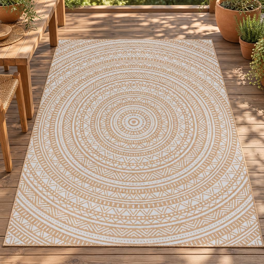 Vloerkleed Maestro Naturel, rechthoekig buitenkleed met mandalamotief in camel en gebroken wit – sfeerimpressie op het houten terras