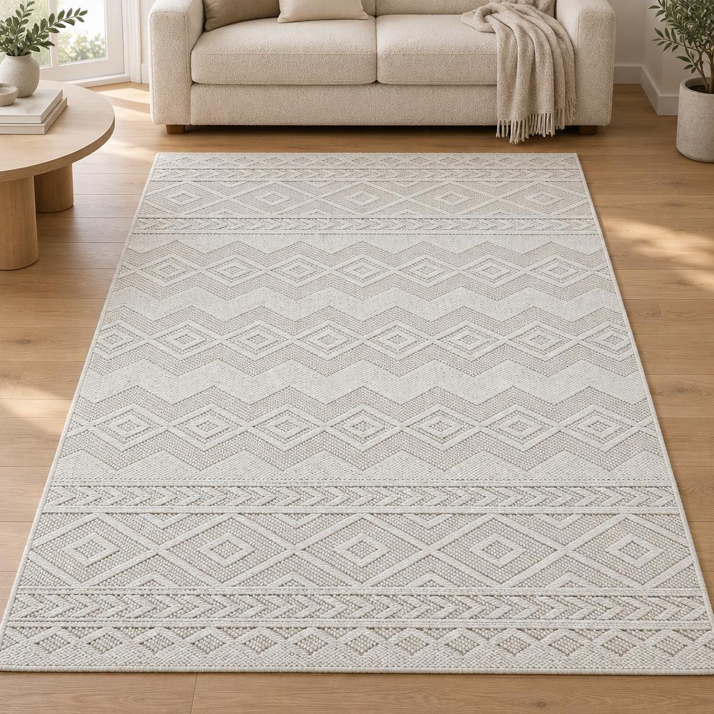 Vloerkleed Mira 7513 Crème met reliëf van zigzag- en ruitmotieven voor een bouclé bank – sfeerimpressie in de woonkamer