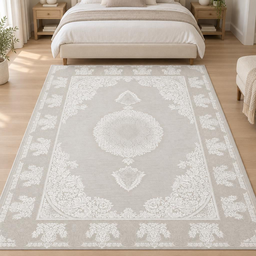 Vloerkleed Nepal 6403 Beige – sfeerimpressie in de slaapkamer