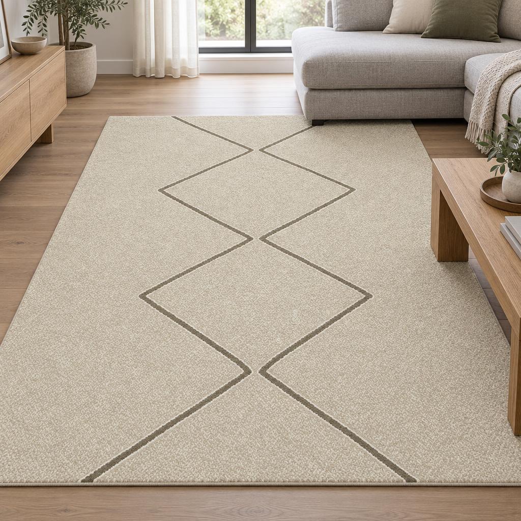 Vloerkleed Nobu 1807 Beige met taupe ruitenlijn – sfeerimpressie in de woonkamer