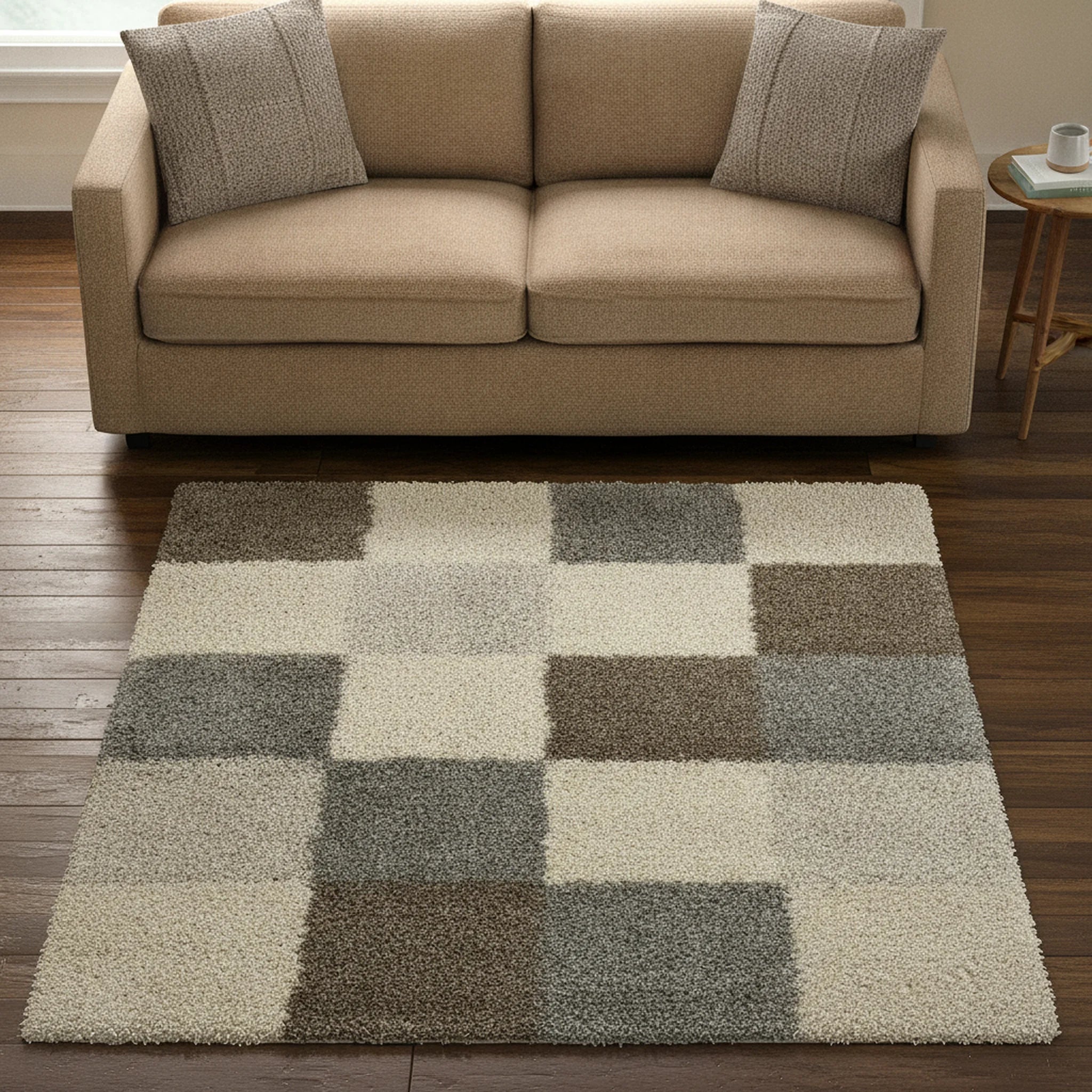 Hoogpolig Vloerkleed Shaggy Deluxe Beige Geblokt - Sfeerbeeld