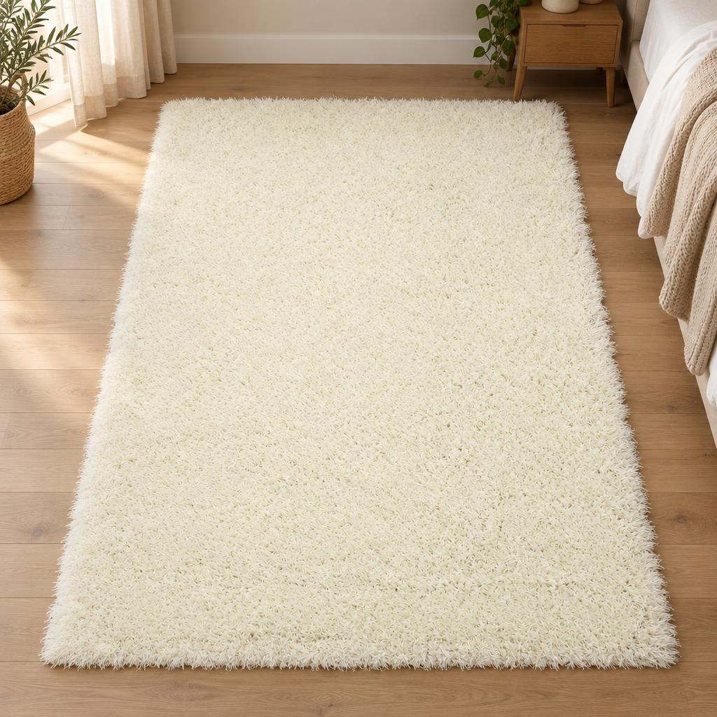Vloerkleed Shaggy Plus 963 White, ivoorwit en hoogpolig, naast het bed – sfeerimpressie in de slaapkamer
