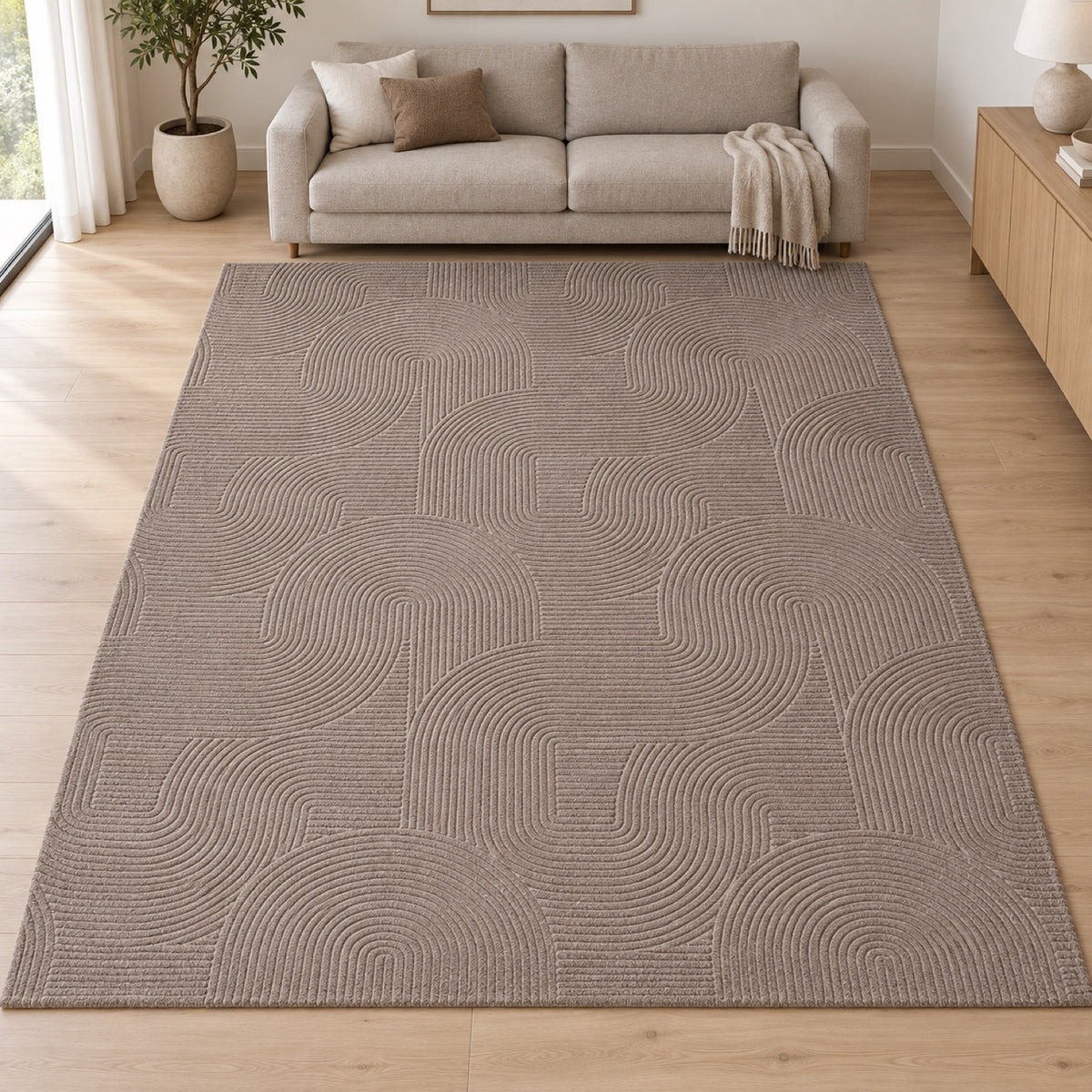 Vloerkleed Stilo 390 Beige – Geweven laagpolig in acht maten – sfeerimpressie in de woonkamer