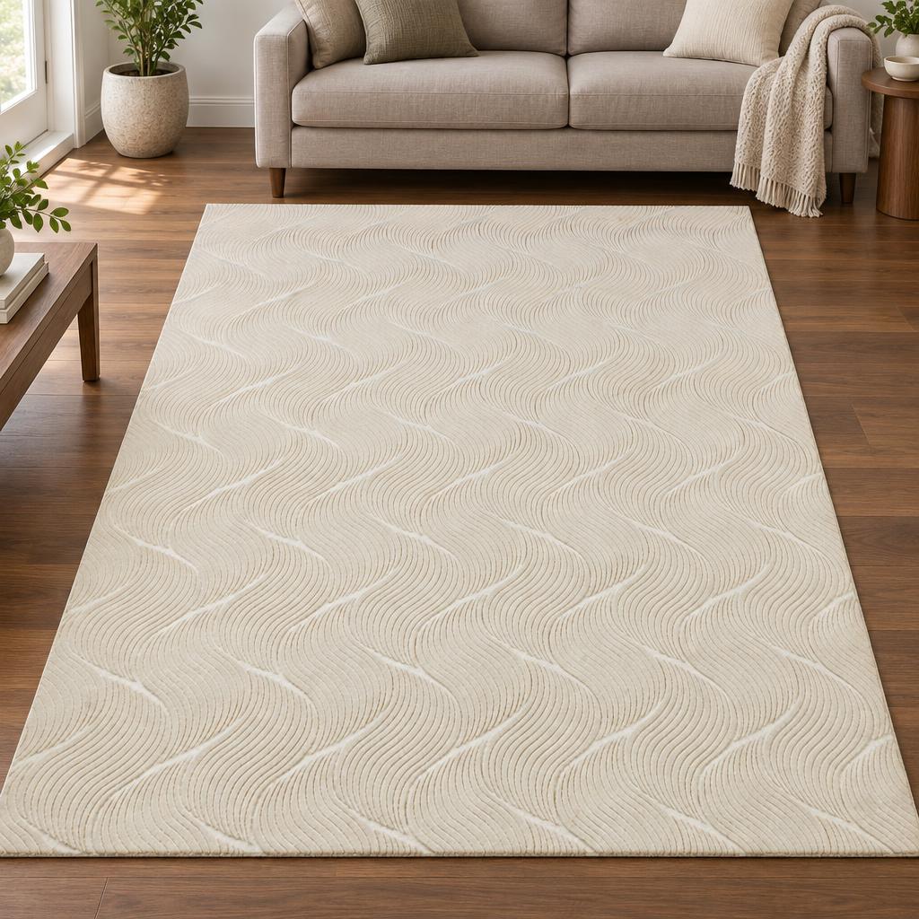 Vloerkleed Stilo 392 Crème met verticaal golfreliëf voor een taupe linnen bank – sfeerimpressie in de woonkamer
