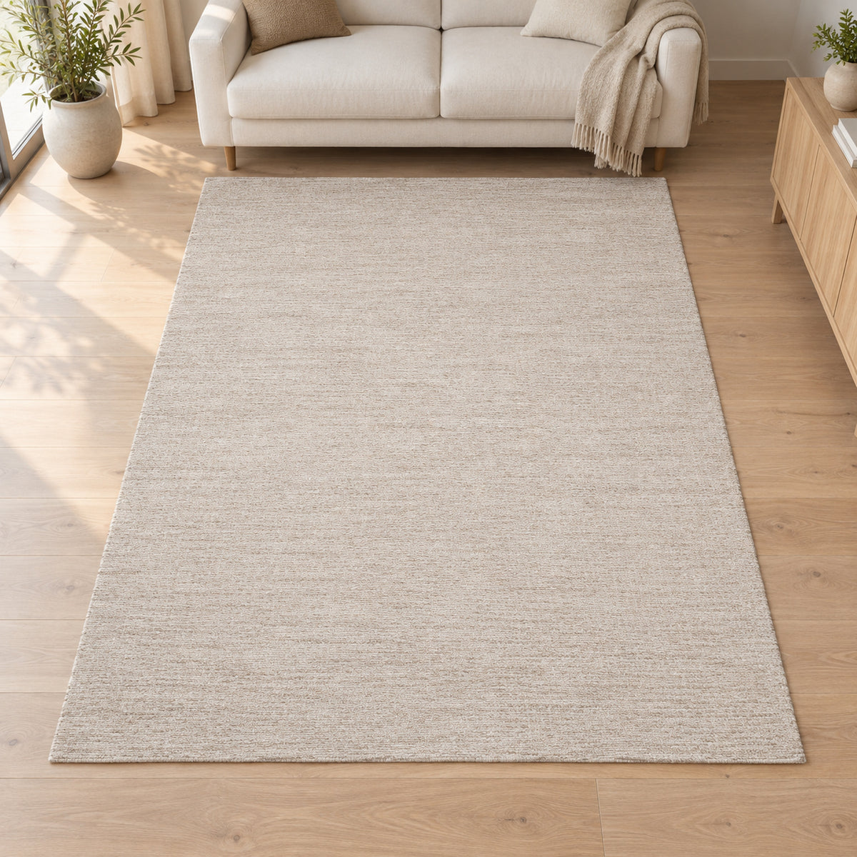 Vloerkleed Stockholm crèmebeige – volledig kleed in woonkamer