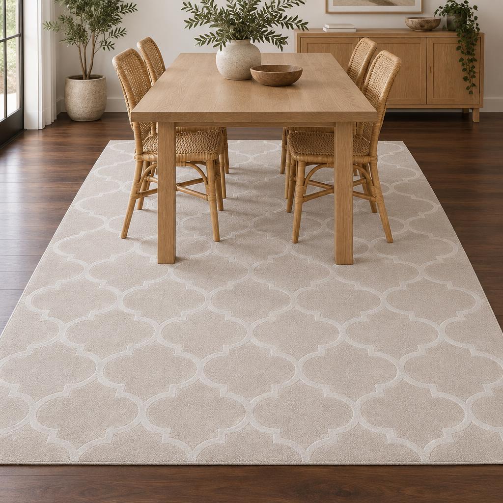 Vloerkleed Studio Beige met crème Marokkaans tegelpatroon onder een eiken eettafel – sfeerimpressie in de eetkamer