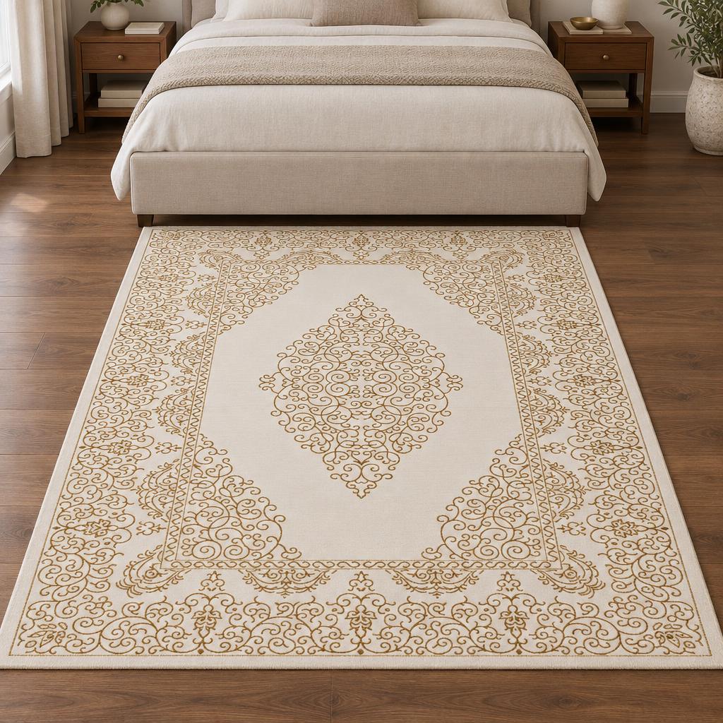 Vloerkleed Studio Crème met goudkleurig medaillon en sierrand aan het voeteneind van het bed – sfeerimpressie in de slaapkamer